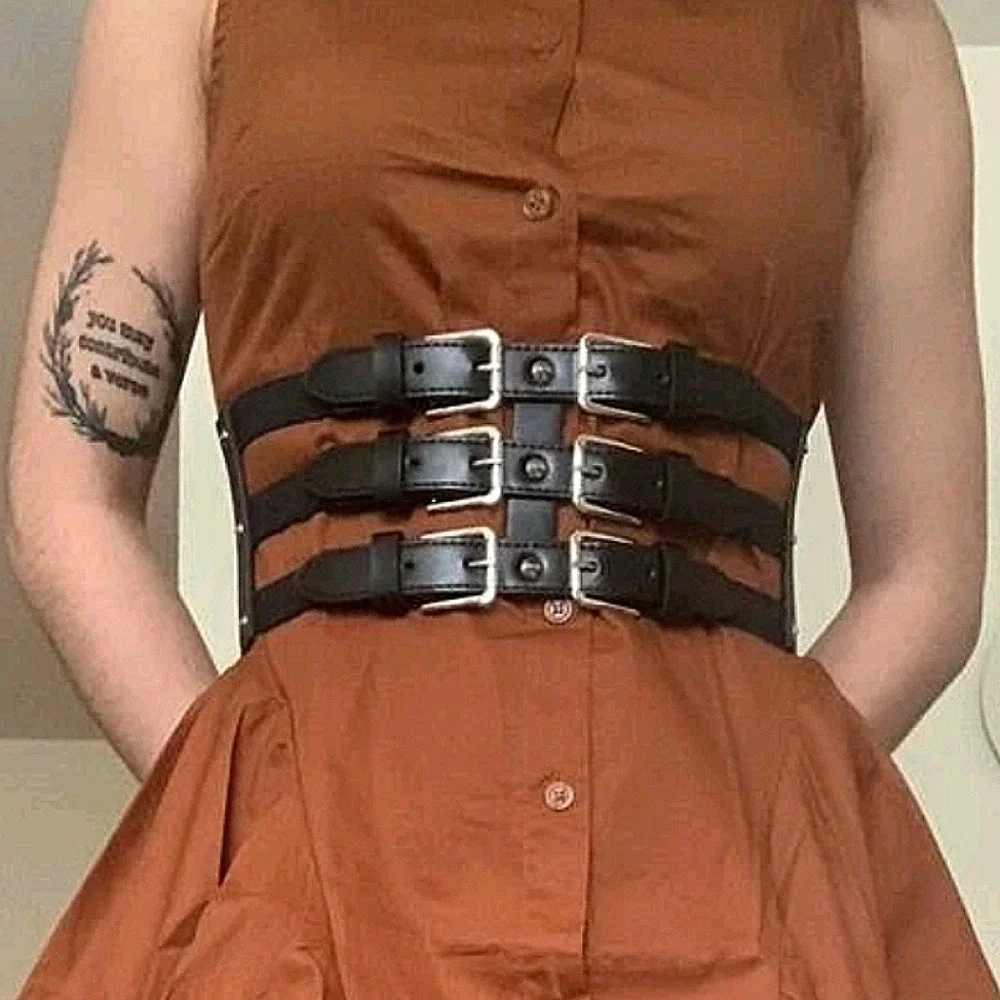 Faux leather Wide corset waist Black Belt studded Goth punk Triple buckle